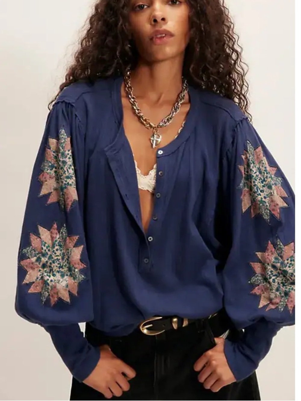 NWOT Free People Quinn Quilt Cuff Henley Top- Navy